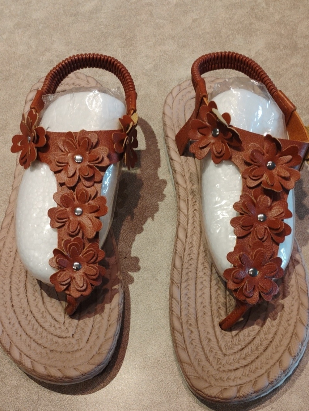 Brown Floral Leatherette T-Strap Sandals for Women